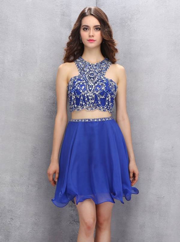 Robe de soirée courte bleu deux pièce orné de strass